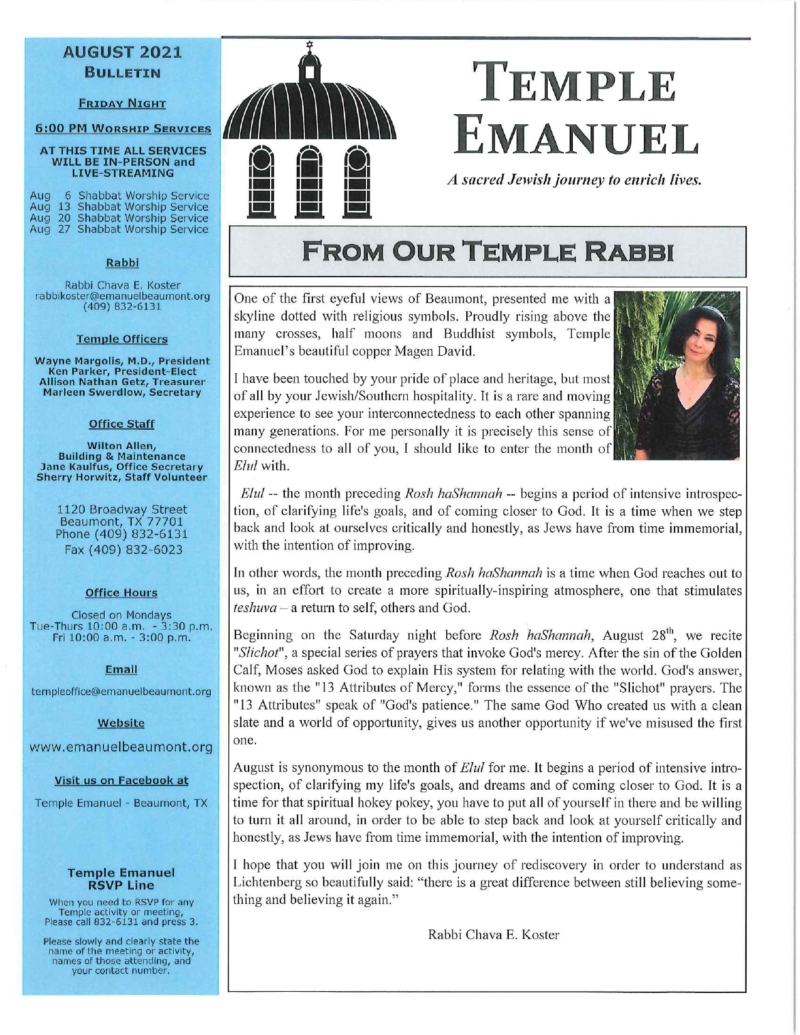 August 2021 Temple Emanuel Bulletin Temple Emanuel